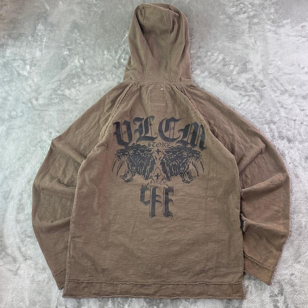 Volcom Stone Tiger Slub Hoodie Mens Medium Brown Full Zip Graphic Y2K Emo